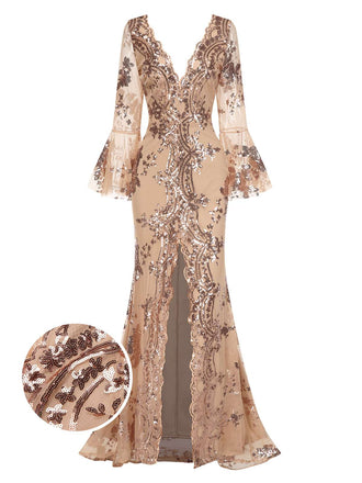 Abito lungo in rete paillettes scollo a V profondo beige anni '30