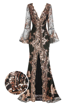 Abito lungo in rete paillettes scollo a V profondo nero anni '30