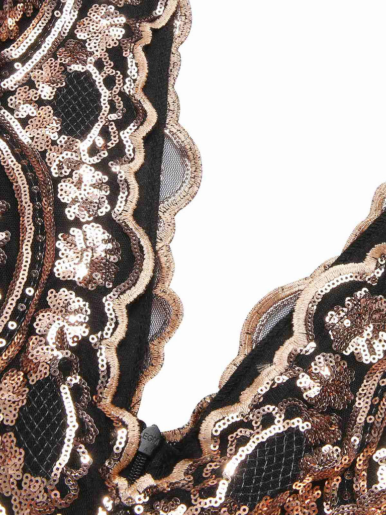 Abito lungo in rete paillettes scollo a V profondo beige anni '30