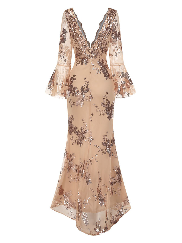 Abito lungo in rete paillettes scollo a V profondo beige anni '30