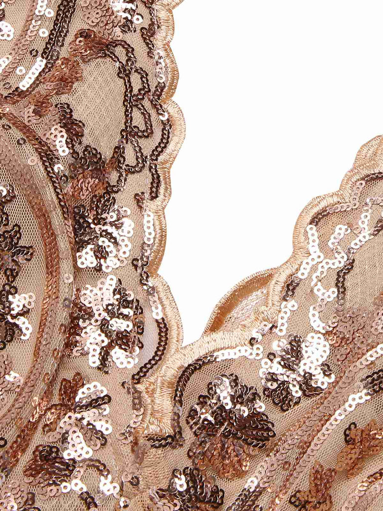 Abito lungo in rete paillettes scollo a V profondo beige anni '30