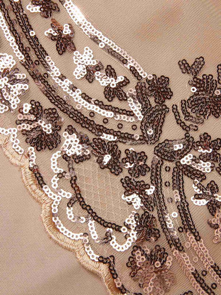 Abito lungo in rete paillettes scollo a V profondo beige anni '30