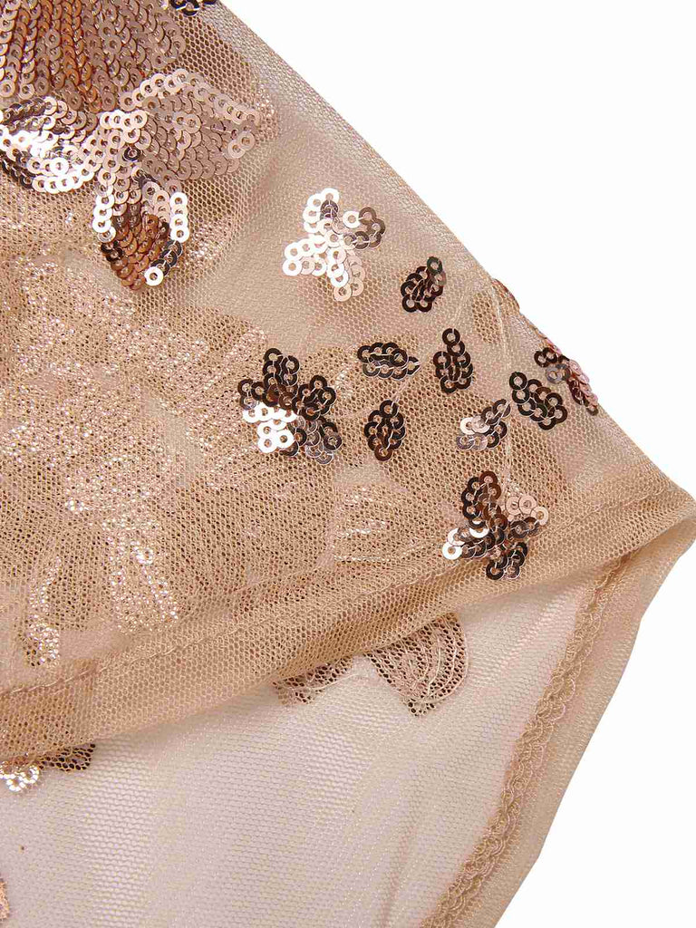 Abito lungo in rete paillettes scollo a V profondo beige anni '30