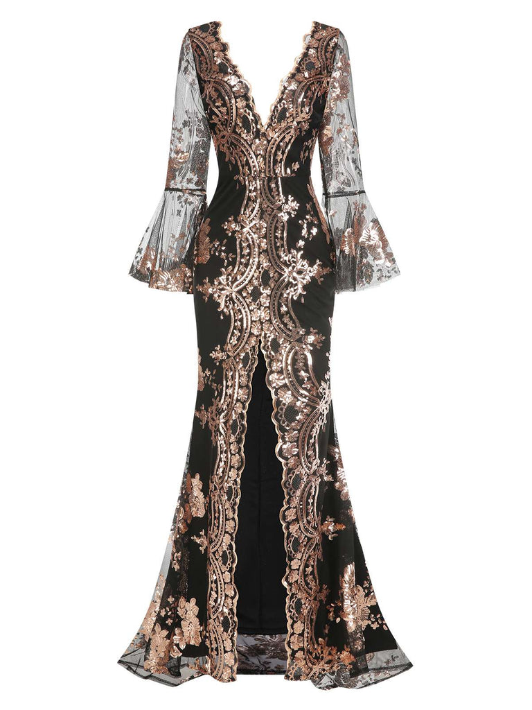 Abito lungo in rete paillettes scollo a V profondo beige anni '30