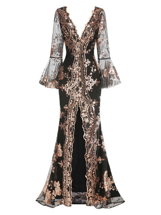 Abito lungo in rete paillettes scollo a V profondo nero anni '30