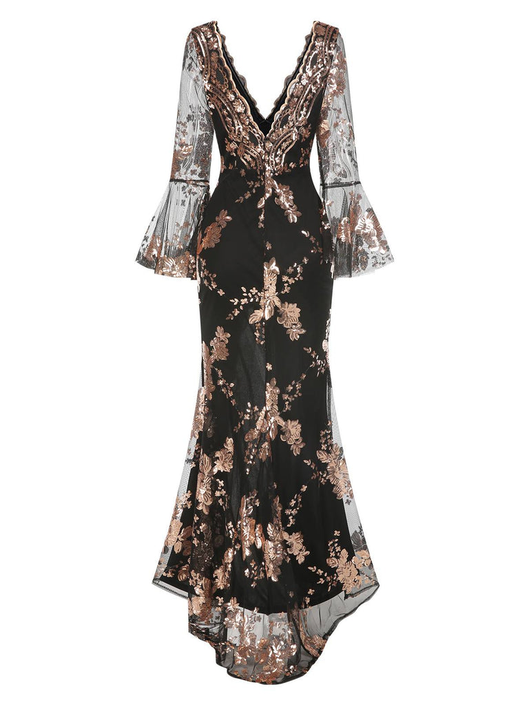 Abito lungo in rete paillettes scollo a V profondo beige anni '30