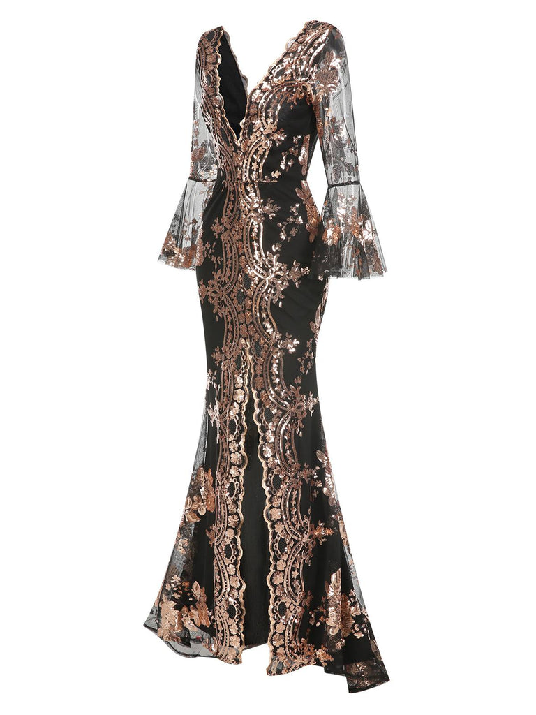 Abito lungo in rete paillettes scollo a V profondo beige anni '30