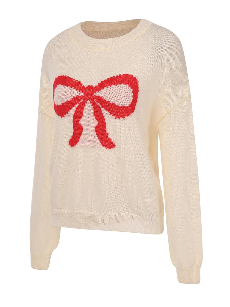 Maglione con motivo a fiocco natalizio beige anni '70