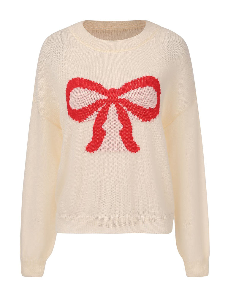 Maglione con motivo a fiocco natalizio beige anni '70