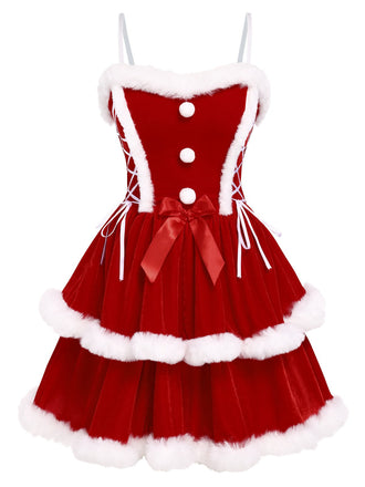 Abito a doppio strato in velluto natalizio rosso anni '60