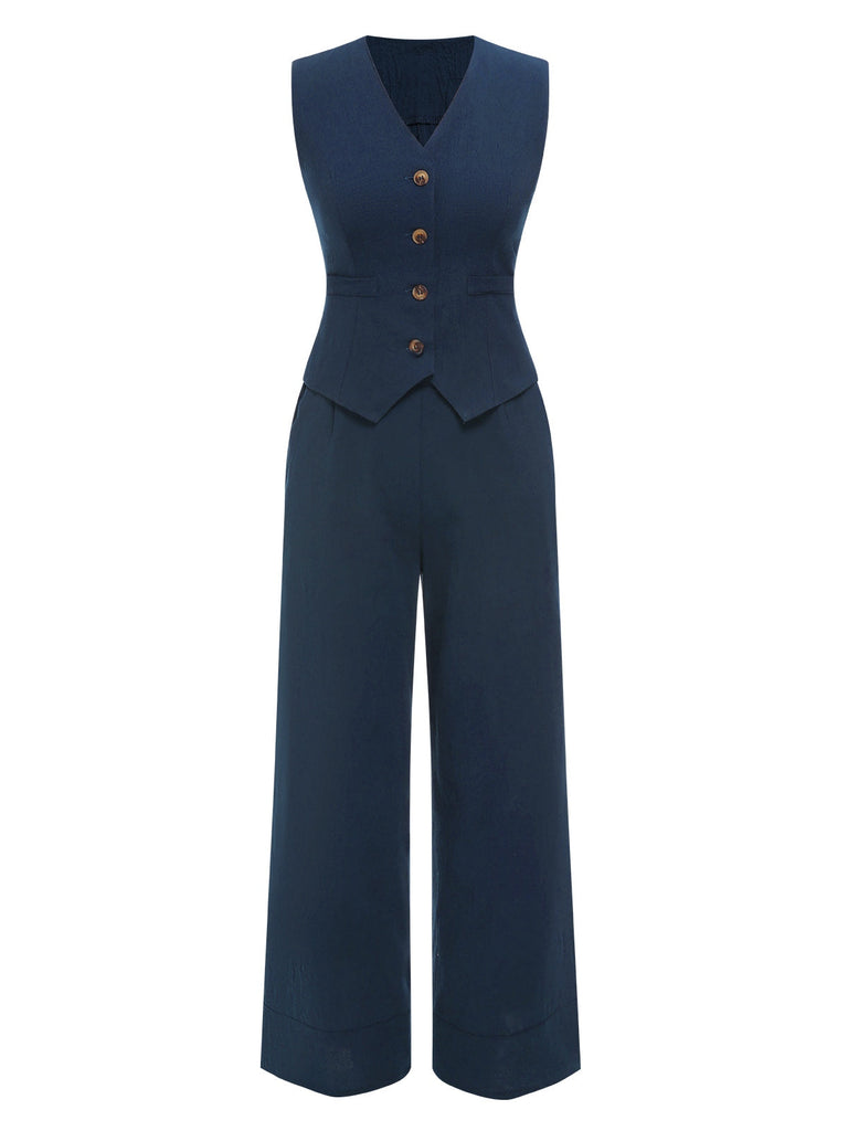 2PCS Completo blazer senza maniche blu scuro anni '60