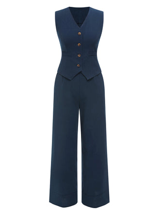 2PCS Completo blazer senza maniche blu scuro anni '60