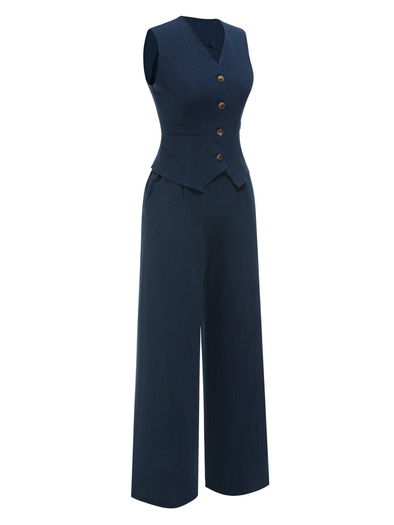 2PCS Completo blazer senza maniche blu scuro anni '60