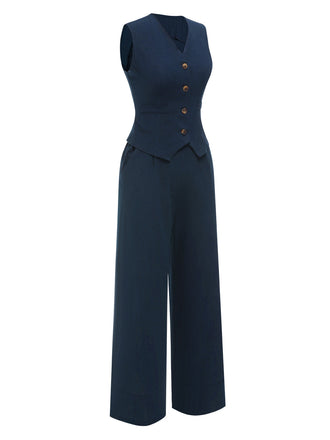 2PCS Completo blazer senza maniche blu scuro anni '60