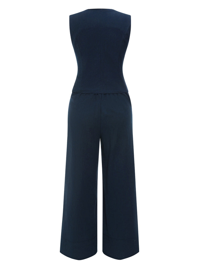 2PCS Completo blazer senza maniche blu scuro anni '60