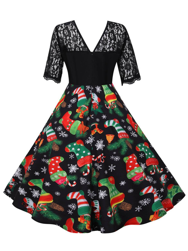 Abito patchwork in pizzo con calza di Natale nero anni '50