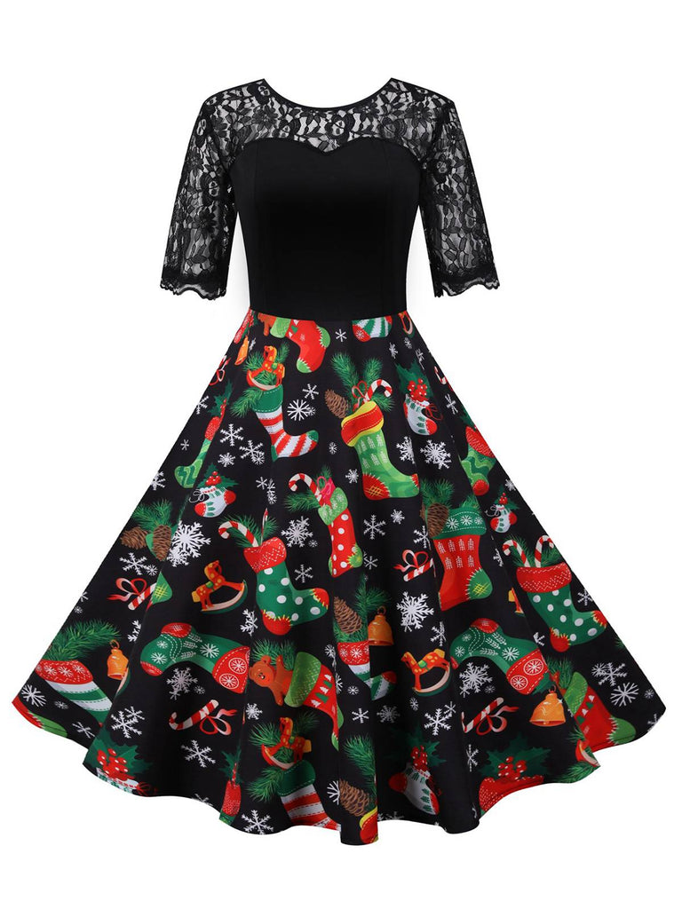 Abito patchwork in pizzo con calza di Natale nero anni '50