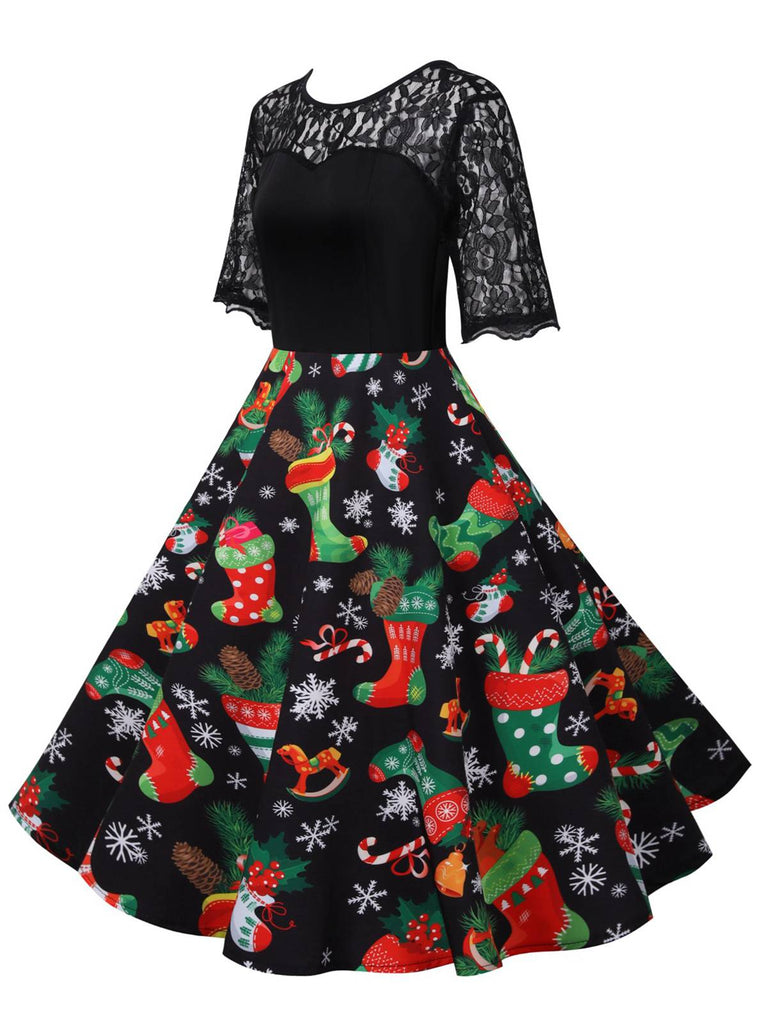Abito patchwork in pizzo con calza di Natale nero anni '50