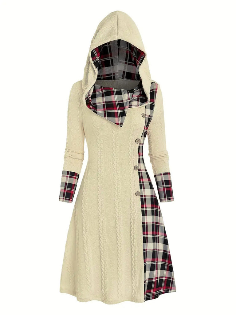 Abito a quadri con cappuccio in maglia bianco anni '50