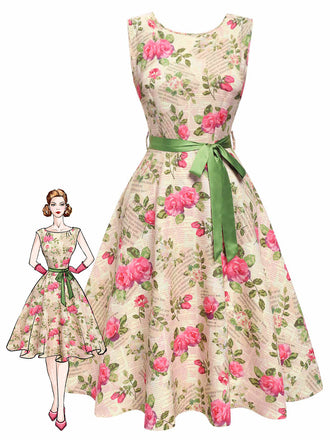 Abito rosa cintura multicolore anni '50