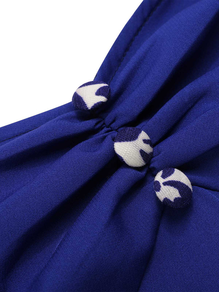 Abito scollo a cuore e bottoni floreali blu anni '50