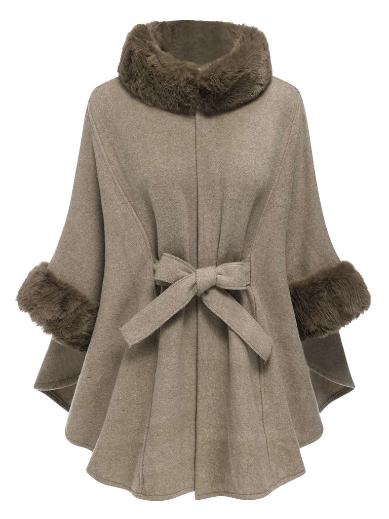 Cappotto a pipistrello con collo in pelliccia sintetica caffè anni '40