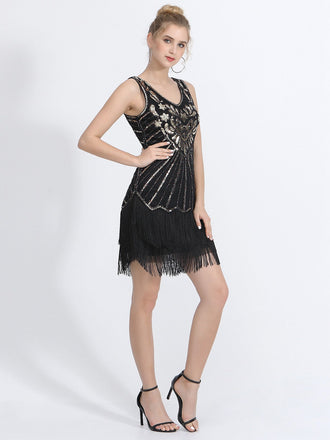 Abito motivo floreale nappe paillettes scollo a V anni '20