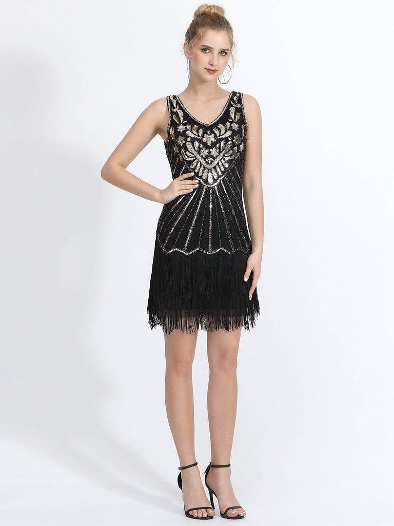 Abito motivo floreale nappe paillettes scollo a V anni '20