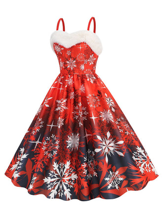 Abito a fiocco di neve natalizio con collo di pelliccia anni '50