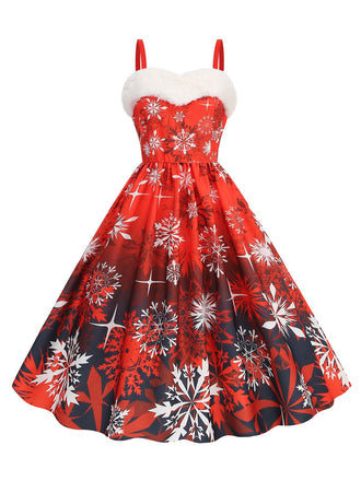 Abito a fiocco di neve natalizio con collo di pelliccia anni '50