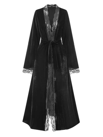 Vestaglia da notte in velluto con bordi in pizzo anni '70
