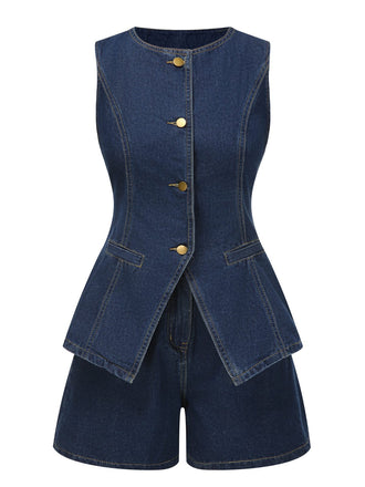 2PCS Gilet e pantaloncini in denim bottoni blu anni '60