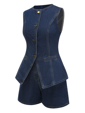 2PCS Gilet e pantaloncini in denim bottoni blu anni '60