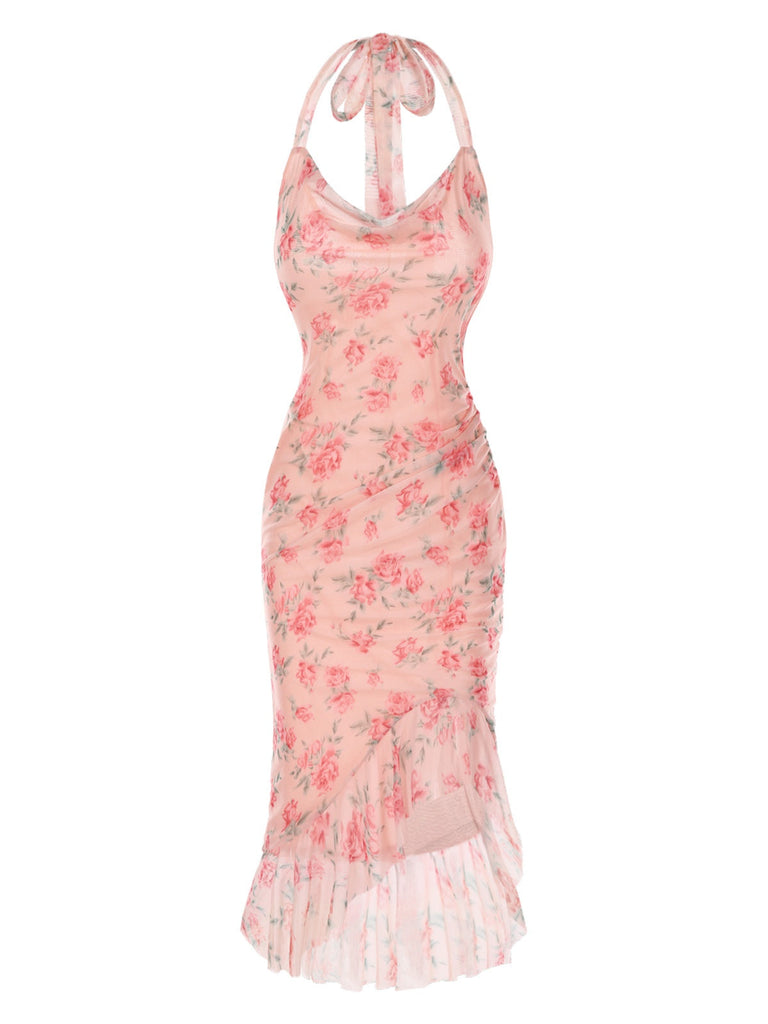 Abito da sirena in rete di seta rosa anni '30