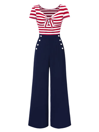 Tuta lunga patchwork a righe fiocco cavo rosso anni '50