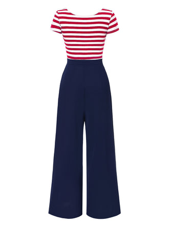 Tuta lunga patchwork a righe fiocco cavo rosso anni '50