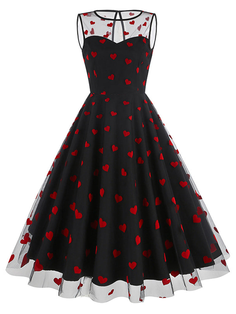 Abito in rete a cuore floccato patchwork nero anni '50