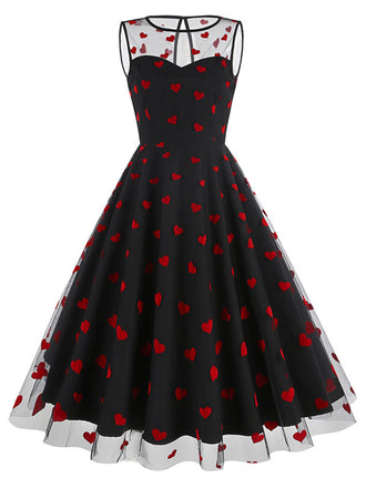 Abito in rete a cuore floccato patchwork nero anni '50