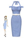 Abito plaid spalle scoperte scollo all'americana blu anni '60