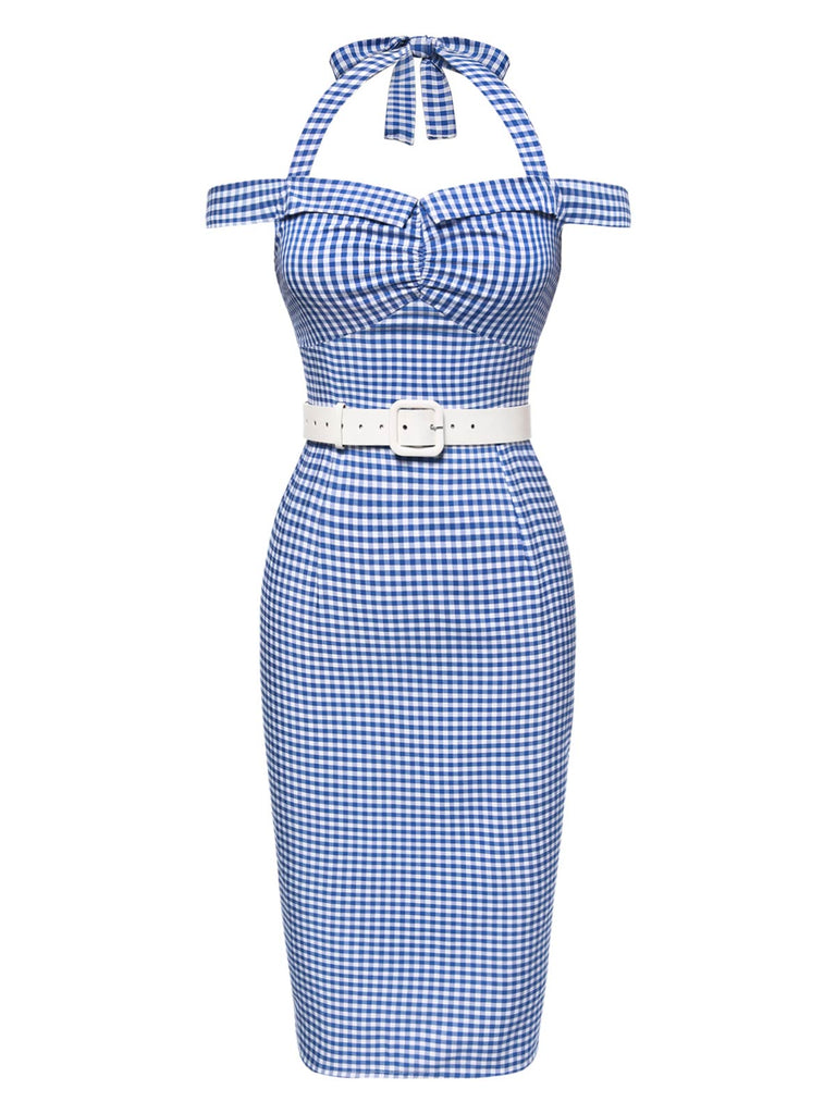 Abito plaid spalle scoperte scollo all'americana blu anni '60