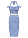 Abito plaid spalle scoperte scollo all'americana blu anni '60