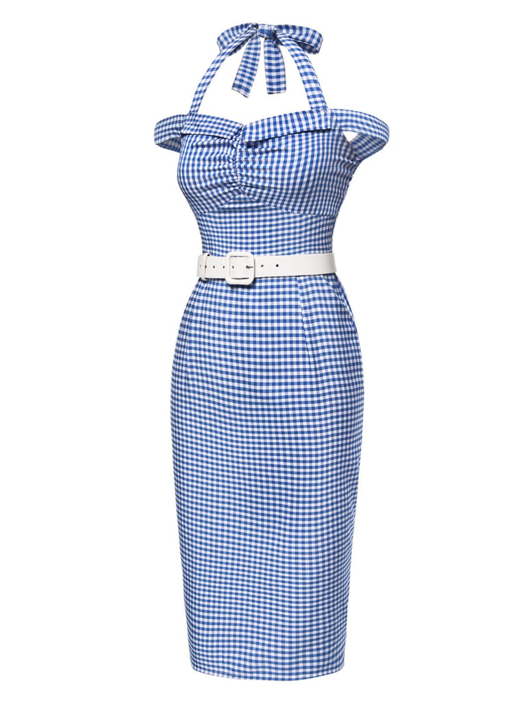 Abito plaid spalle scoperte scollo all'americana blu anni '60