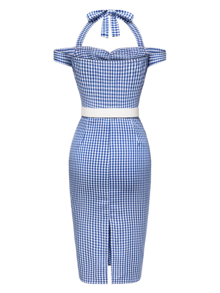 Abito plaid spalle scoperte scollo all'americana blu anni '60