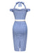 Abito plaid spalle scoperte scollo all'americana blu anni '60