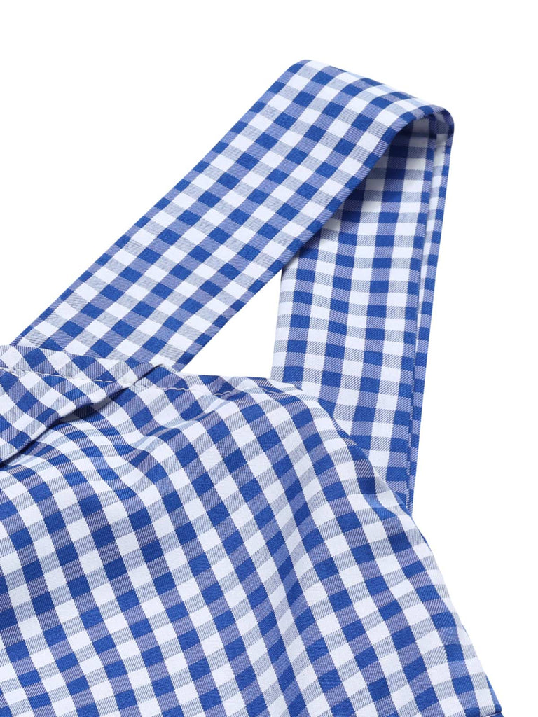 Abito plaid spalle scoperte scollo all'americana blu anni '60
