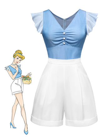 Tuta corta blu anni '40 con volant stile Cenerentola
