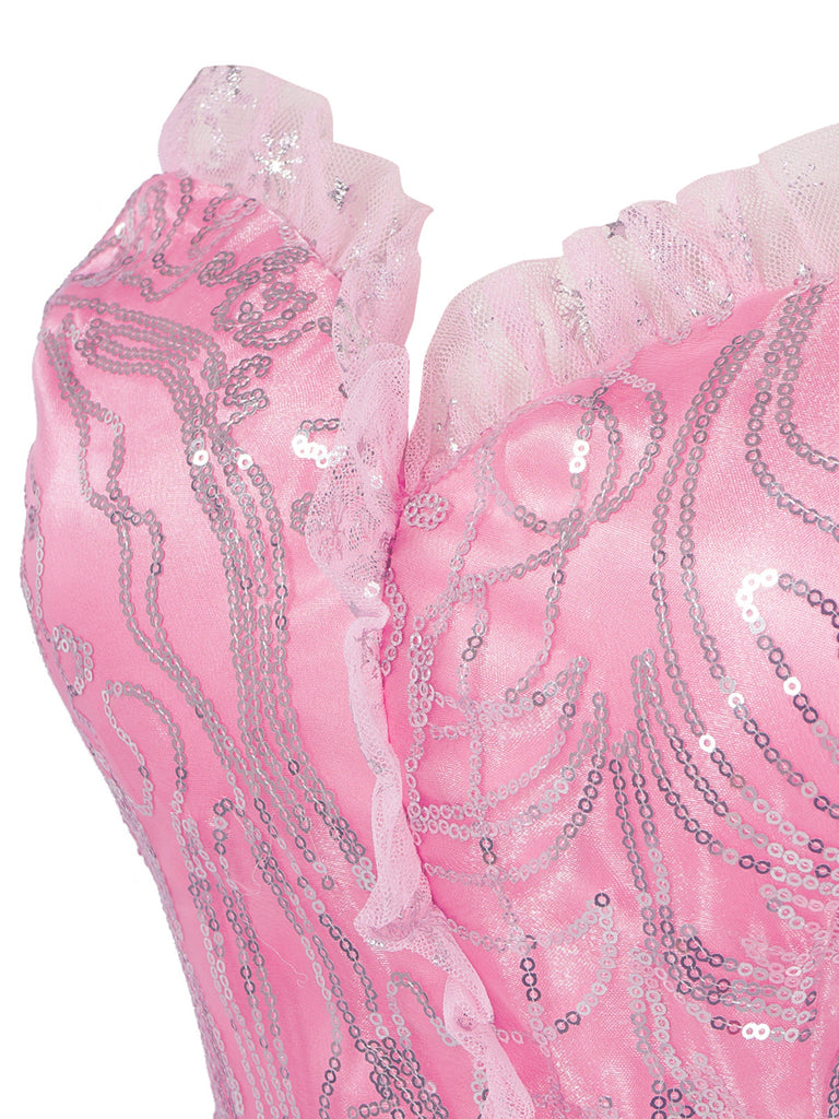 Top con paillettes Wicked e gonna a rete a ruota rosa anni '70
