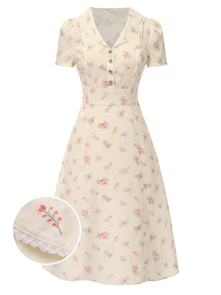 Abito floreale maniche a sbuffo puro cotone beige anni '40