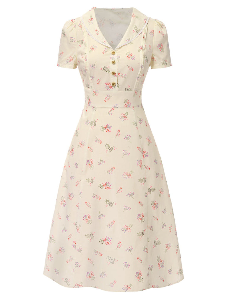 Abito floreale maniche a sbuffo puro cotone blu anni '40
