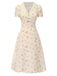 Abito floreale maniche a sbuffo puro cotone beige anni '40